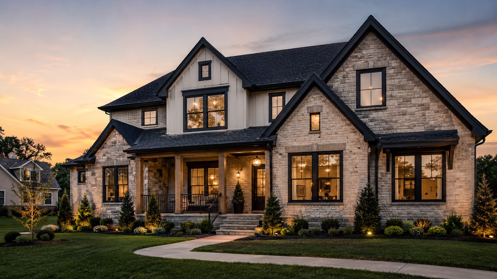 Large Brentwood stone and brick home with premium black windows